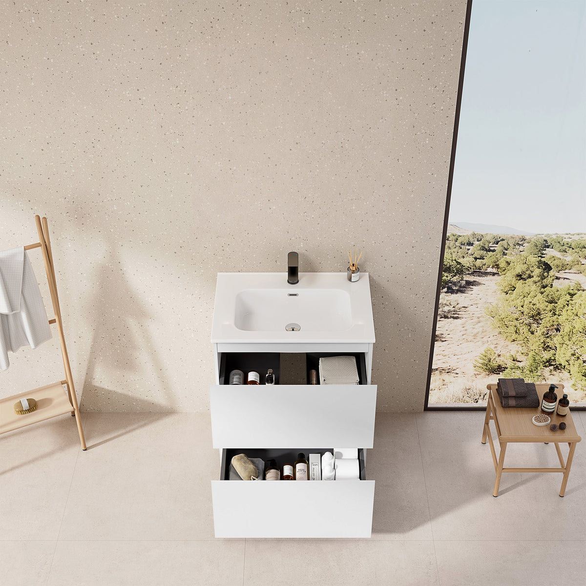 Mobile bagno a Terra 60 cm Bianco Lavabo in Ceramica Senza Specchio - Nube Paint