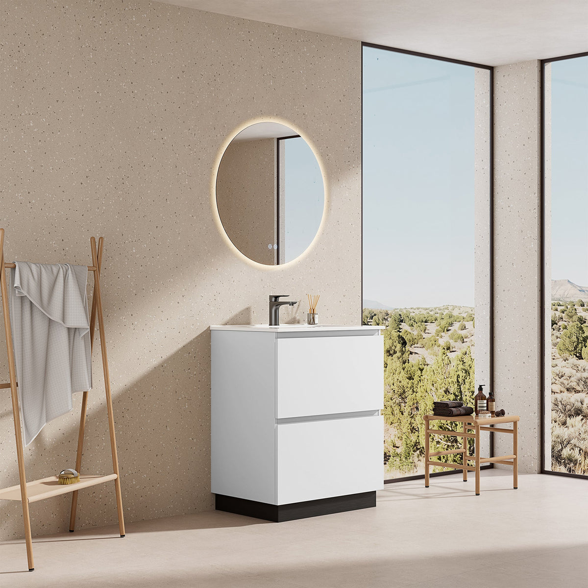 Mobile bagno a Terra 60 cm Bianco Lavabo in Ceramica Specchio Tondo Retroilluminato - Nube Paint