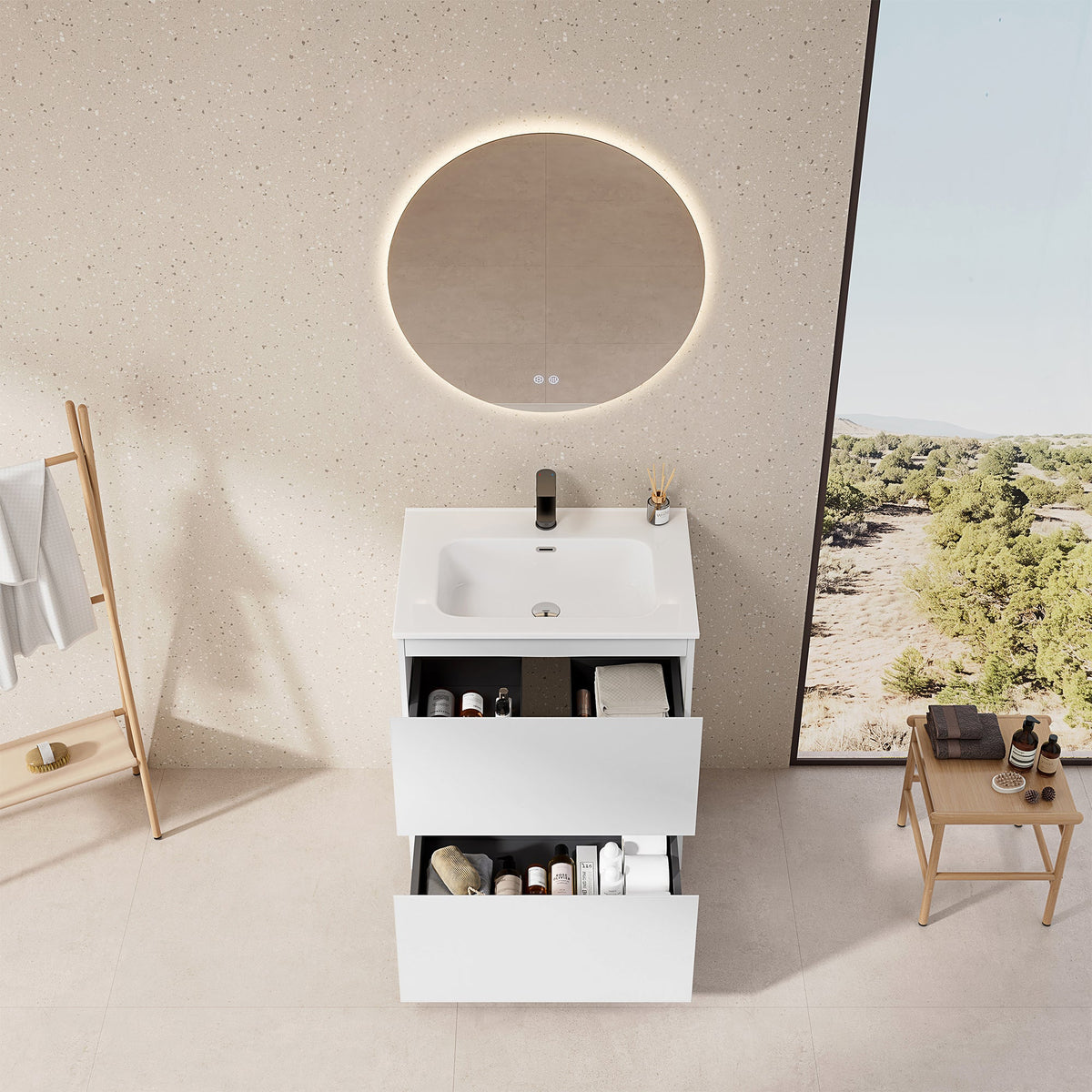 Mobile bagno a Terra 60 cm Bianco Lavabo in Ceramica Specchio Tondo Retroilluminato - Nube Paint