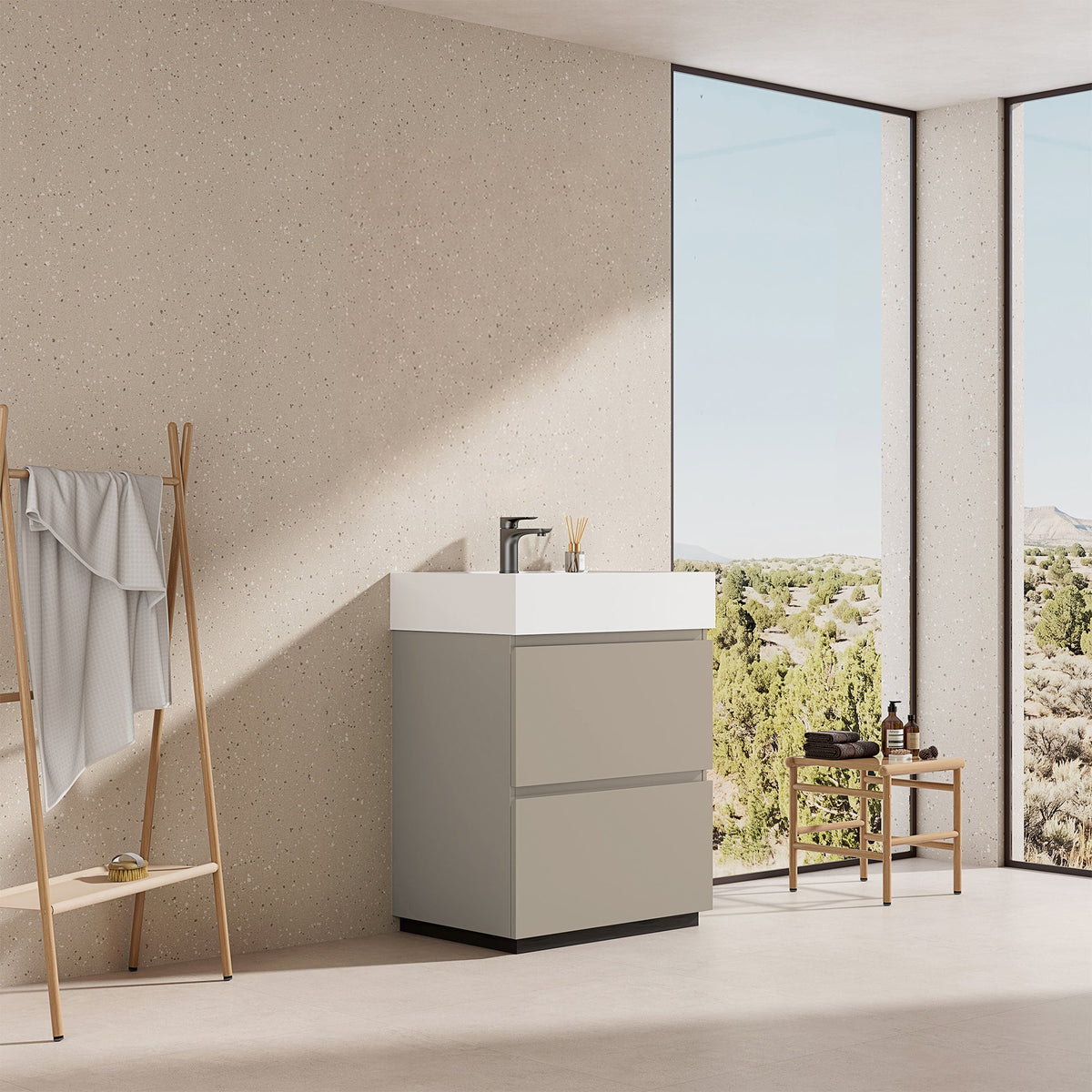 Mobile bagno a Terra 60 cm Grigio Cenere Lavabo in Resina Senza Specchio - Nube Paint