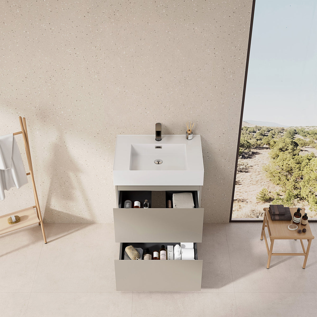 Mobile bagno a Terra 60 cm Grigio Cenere Lavabo in Resina Senza Specchio - Nube Paint