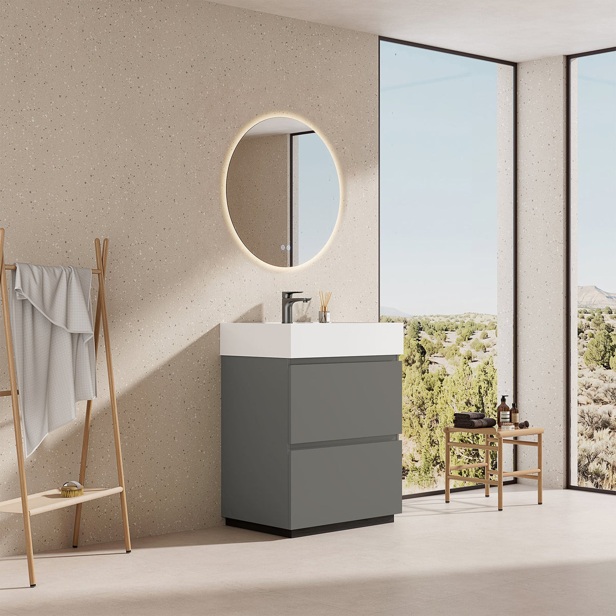 Mobile bagno a Terra 60 cm Grigio Londra Lavabo in Resina Specchio Tondo Retroilluminato - Nube Paint
