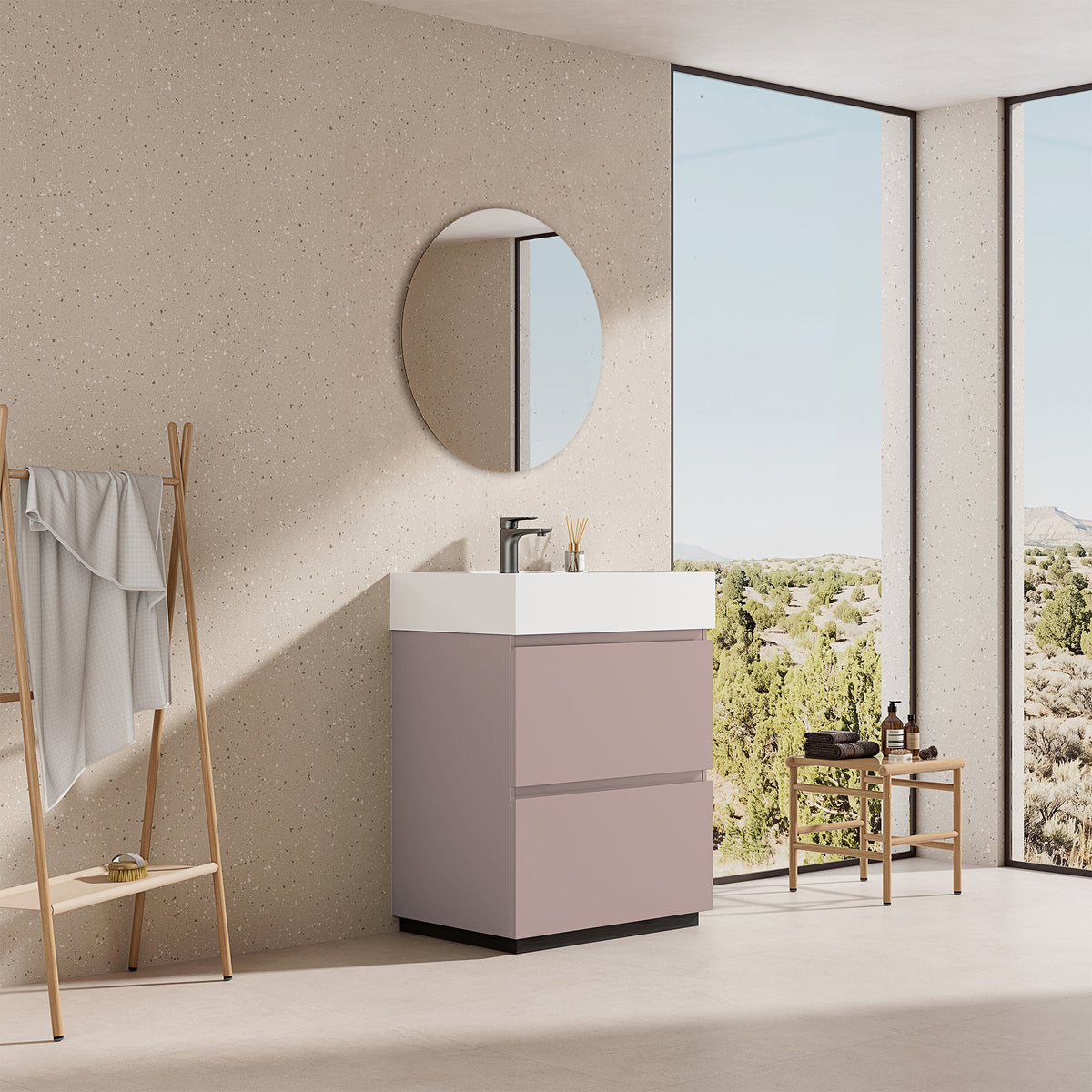 Mobile bagno a Terra 60 cm Rosa Retrò Lavabo in Resina Specchio Tondo - Nube Paint