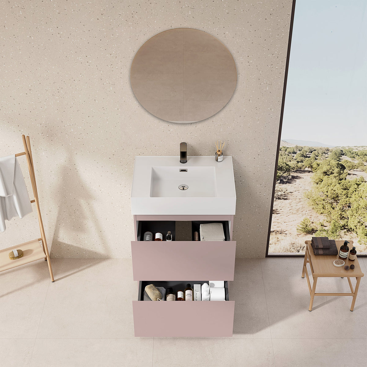 Mobile bagno a Terra 60 cm Rosa Retrò Lavabo in Resina Specchio Tondo - Nube Paint