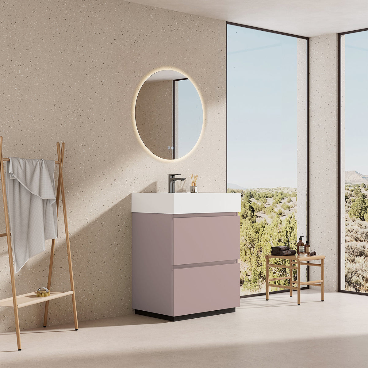 Mobile bagno a Terra 60 cm Rosa Retrò Lavabo in Resina Specchio Tondo Retroilluminato - Nube Paint