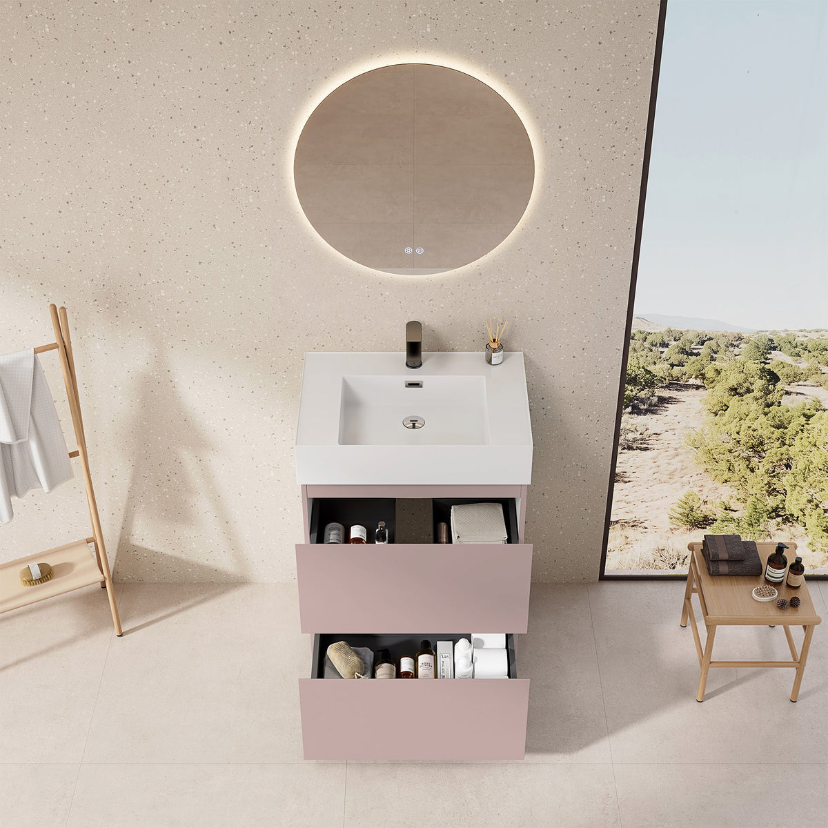 Mobile bagno a Terra 60 cm Rosa Retrò Lavabo in Resina Specchio Tondo Retroilluminato - Nube Paint