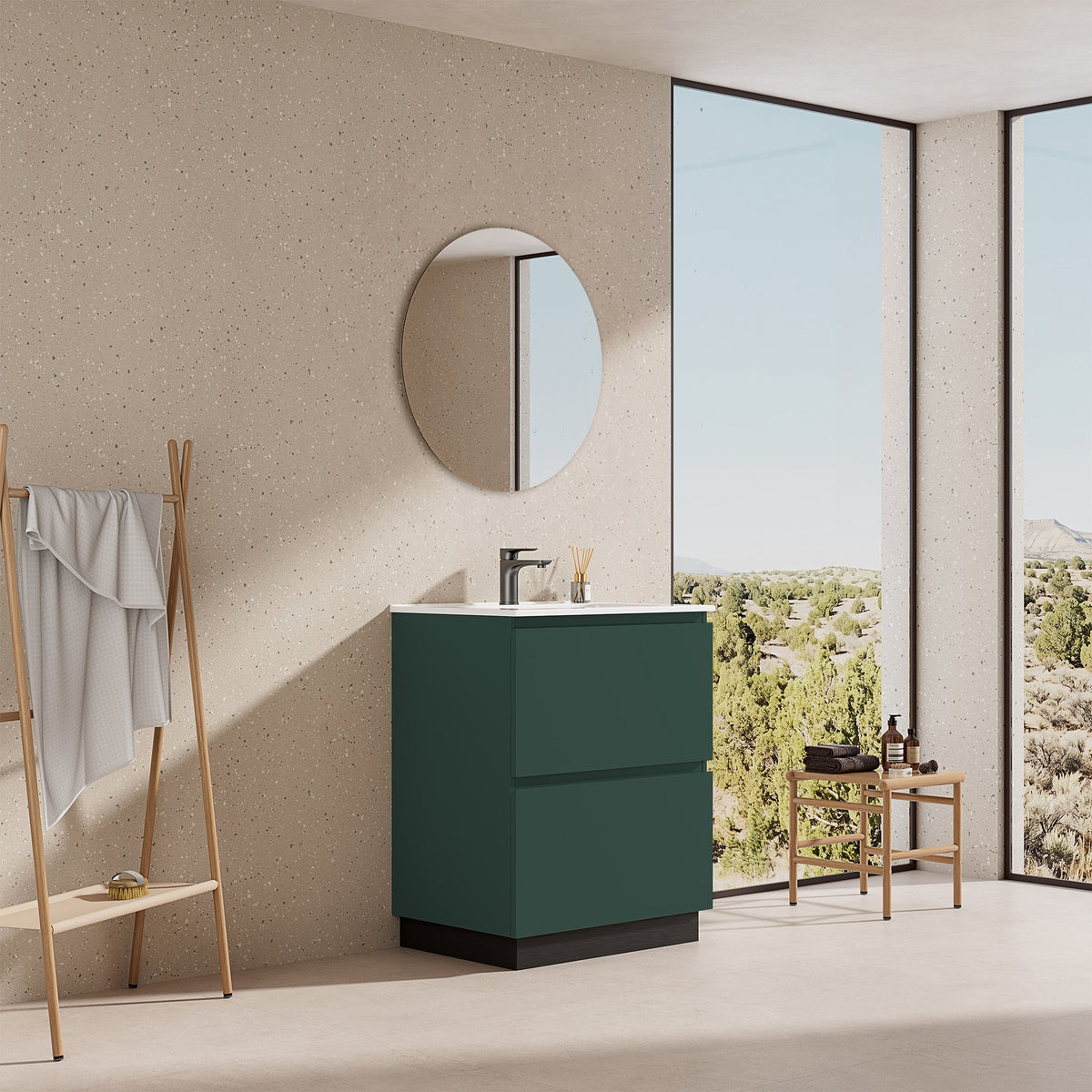 Mobile bagno a Terra 60 cm Verde Comodoro Lavabo in Ceramica Specchio Tondo - Nube Paint