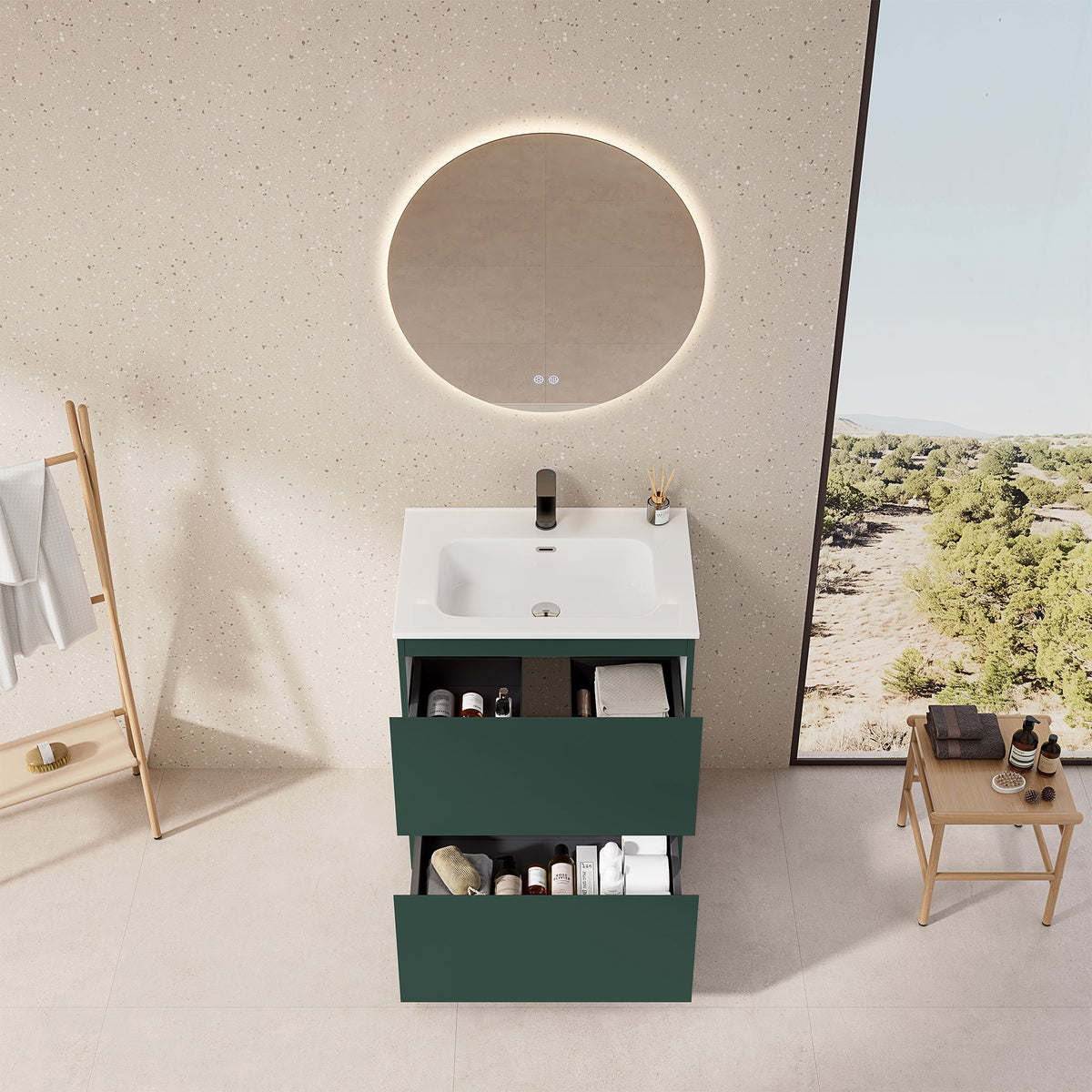 Mobile bagno a Terra 60 cm Verde Comodoro Lavabo in Ceramica Specchio Tondo Retroilluminato - Nube Paint