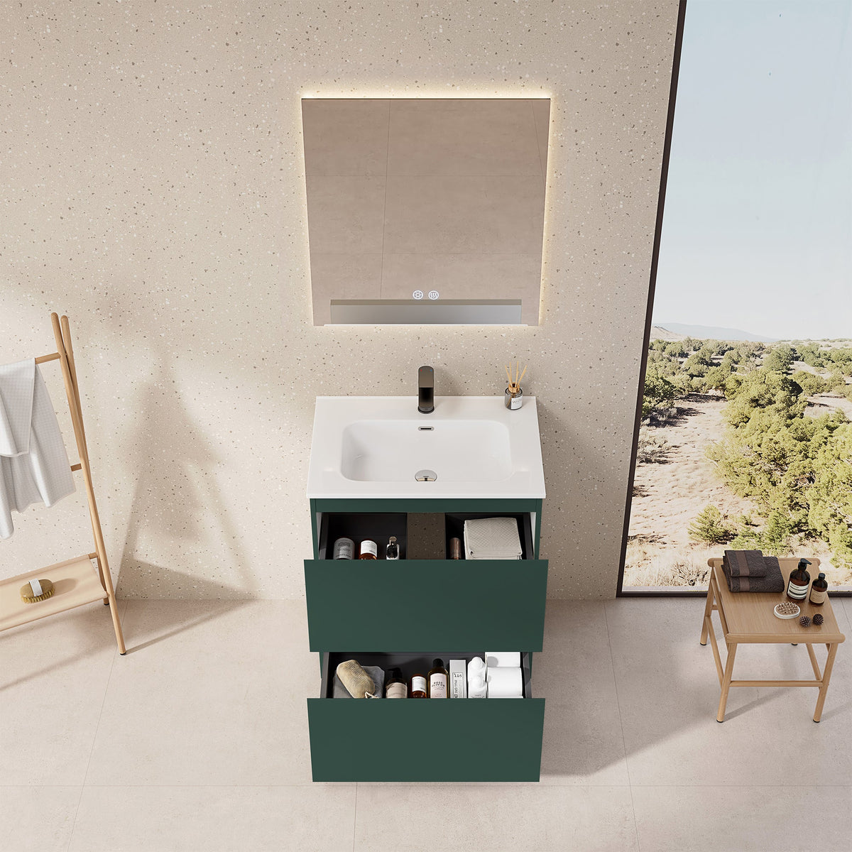 Mobile bagno a Terra 60 cm Verde Comodoro Lavabo in Ceramica Specchio Quadro Retroilluminato - Nube Paint