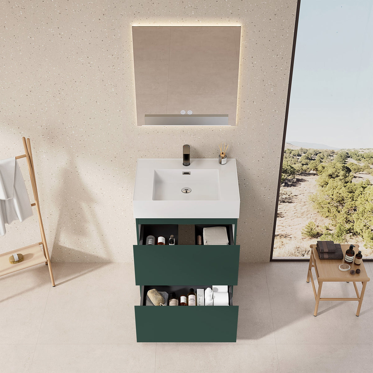Mobile bagno a Terra 60 cm Verde Comodoro Lavabo in Resina Specchio Quadro Retroilluminato - Nube Paint