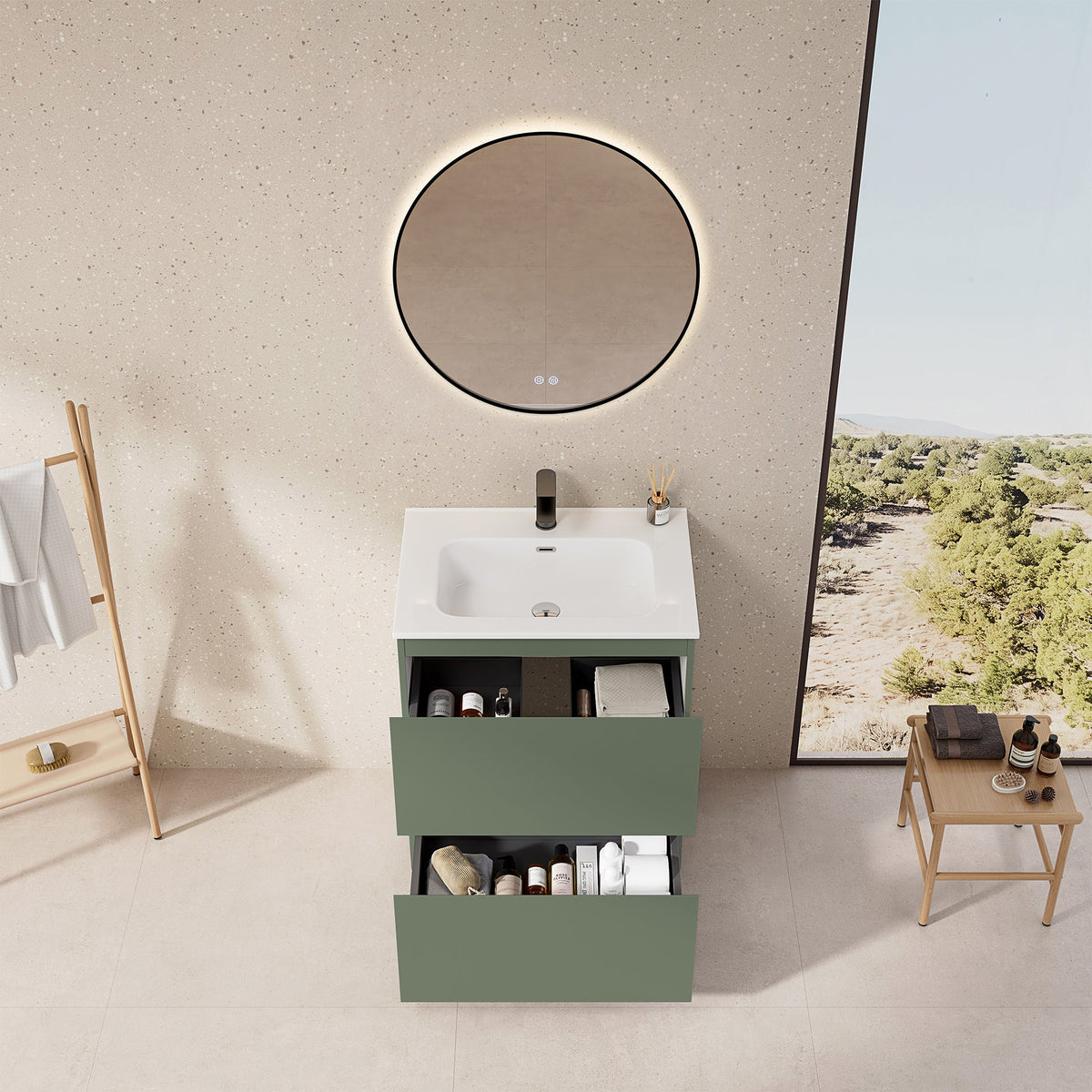 Mobile bagno a Terra 60 cm Verde Salvia Lavabo in Ceramica Specchio Tondo Retroilluminato Profilo Nero - Nube Paint