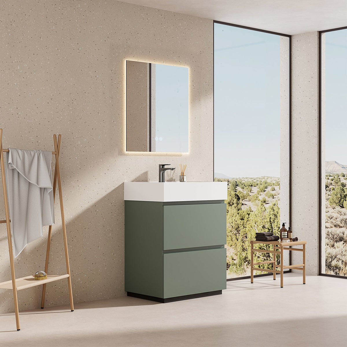 Mobile bagno a Terra 60 cm Verde Salvia Lavabo in Resina Specchio Quadro Retroilluminato - Nube Paint