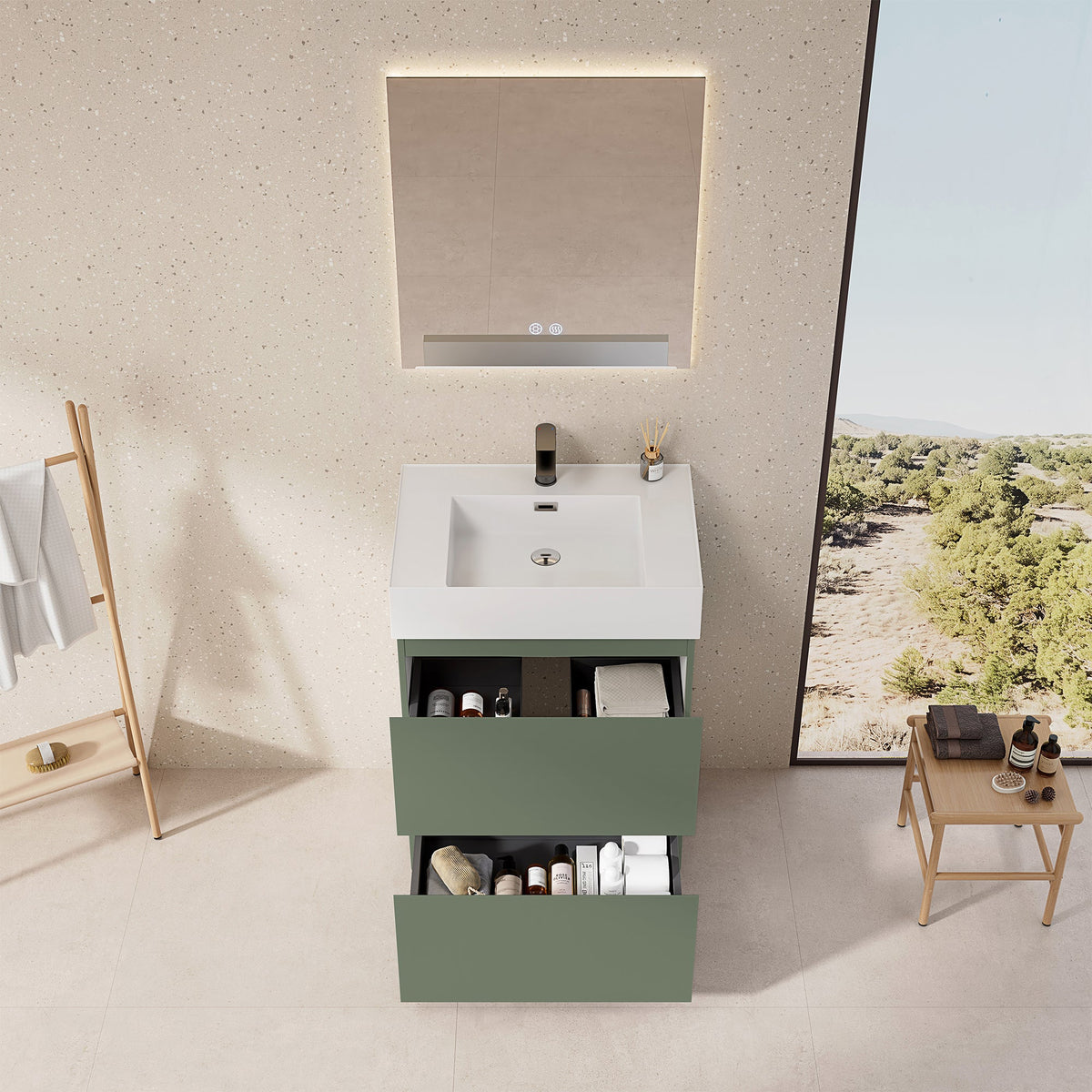Mobile bagno a Terra 60 cm Verde Salvia Lavabo in Resina Specchio Quadro Retroilluminato - Nube Paint