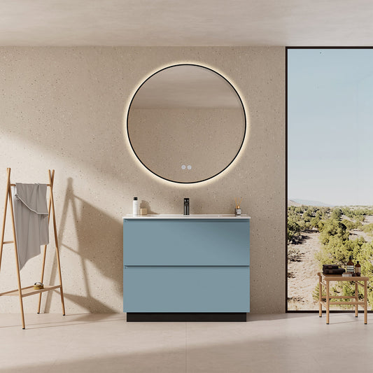Mobile bagno a Terra 80 cm Blu Avio Lavabo in Ceramica Specchio Tondo Retroilluminato Profilo Nero - Nube Paint