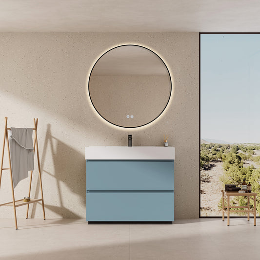 Mobile bagno a Terra 80 cm Blu Avio Lavabo in Resina Specchio Tondo Retroilluminato Profilo Nero - Nube Paint