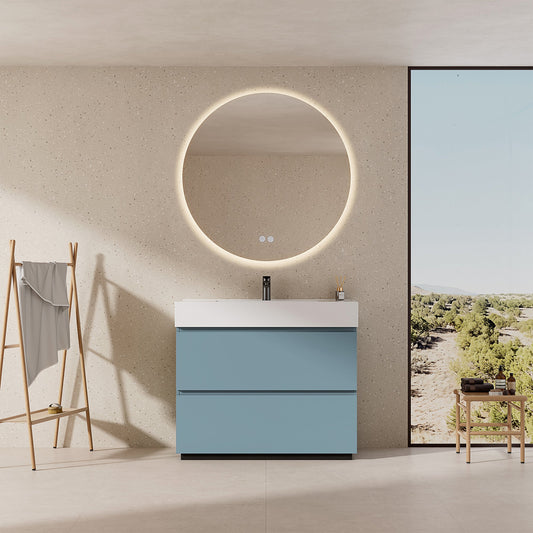 Mobile bagno a Terra 80 cm Blu Avio Lavabo in Resina Specchio Quadro - Nube Paint