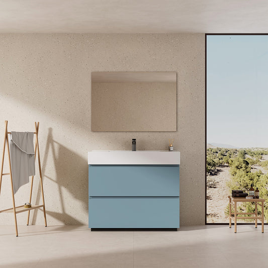 Mobile bagno a Terra 80 cm Blu Avio Lavabo in Resina Specchio Tondo Retroilluminato - Nube Paint