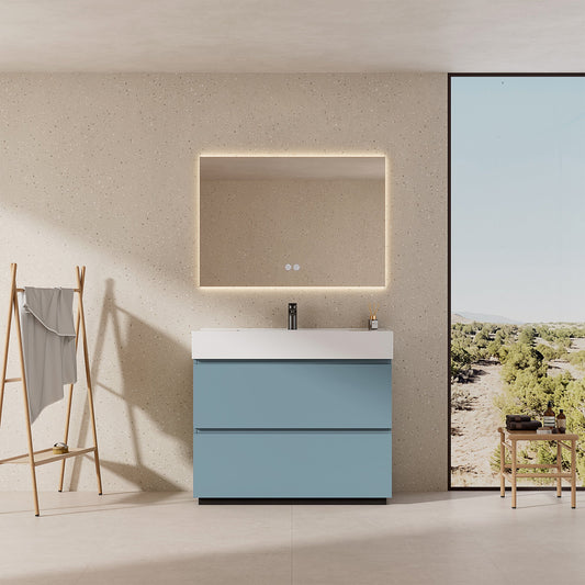 Mobile bagno a Terra 80 cm Blu Avio Lavabo in Resina Specchio Quadro Retroilluminato - Nube Paint