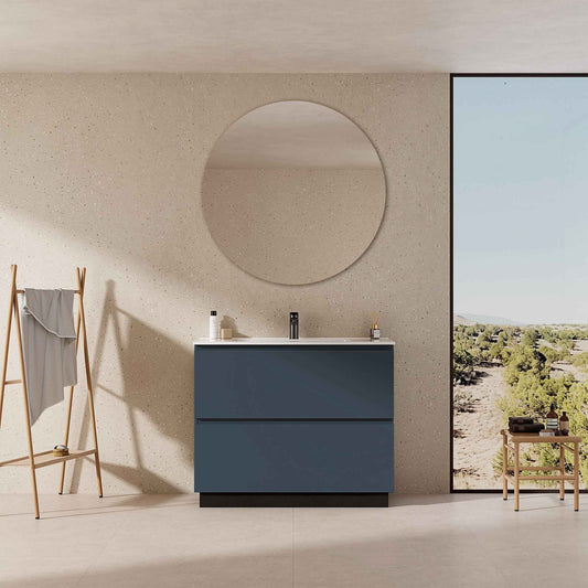 Mobile bagno a Terra 80 cm Blu Mare Lavabo in Ceramica Specchio Tondo - Nube Paint