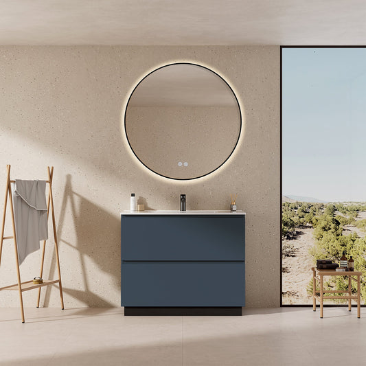 Mobile bagno a Terra 80 cm Blu Mare Lavabo in Ceramica Specchio Tondo Retroilluminato Profilo Nero - Nube Paint