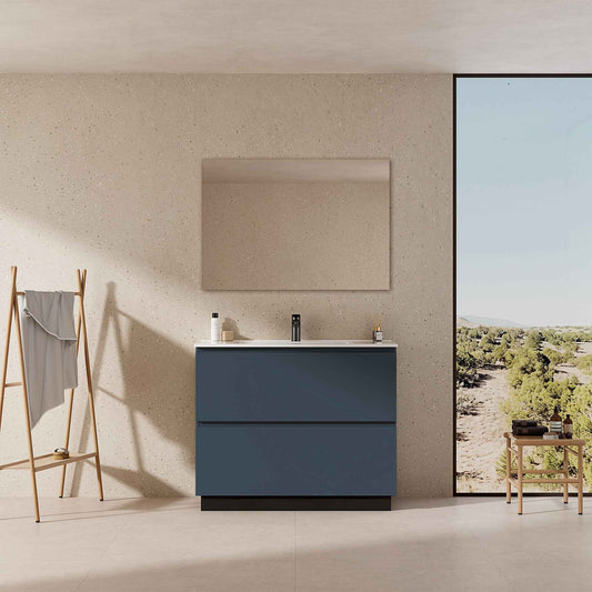 Mobile bagno a Terra 80 cm Blu Mare Lavabo in Ceramica Specchio Tondo Retroilluminato - Nube Paint