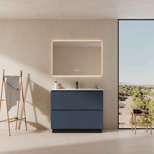 Mobile bagno a Terra 80 cm Blu Mare Lavabo in Ceramica Specchio Quadro Retroilluminato - Nube Paint