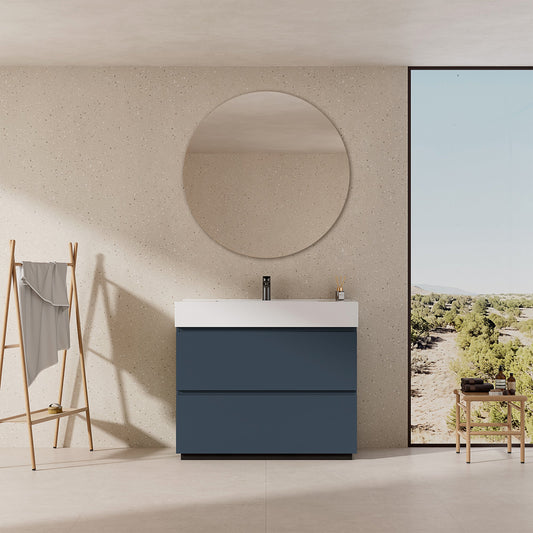 Mobile bagno a Terra 80 cm Blu Mare Lavabo in Resina Specchio Tondo - Nube Paint