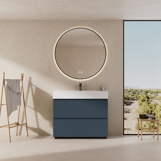 Mobile bagno a Terra 100 cm Blu Mare Lavabo in Resina Specchio Tondo Retroilluminato Profilo Nero - Nube Paint