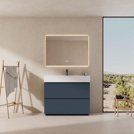 Mobile bagno a Terra 80 cm Blu Mare Lavabo in Resina Specchio Quadro Retroilluminato - Nube Paint