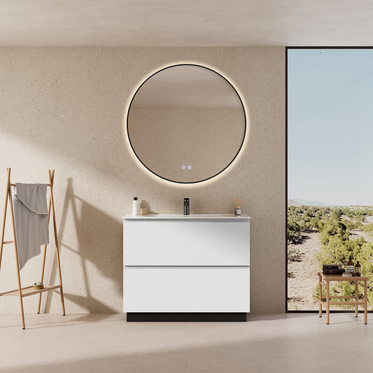 Mobile bagno a Terra 80 cm Bianco Lavabo in Ceramica Specchio Tondo Retroilluminato Profilo Nero - Nube Paint