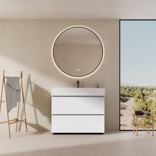 Mobile bagno a Terra 100 cm Bianco Lavabo in Resina Specchio Tondo Retroilluminato Profilo Nero - Nube Paint