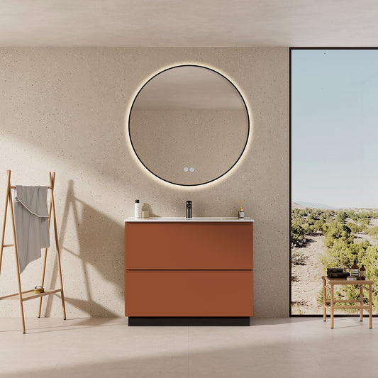 Mobile bagno a Terra 100 cm Cotto Contemporaneo Lavabo in Ceramica Specchio Tondo Retroilluminato Profilo Nero - Nube Paint