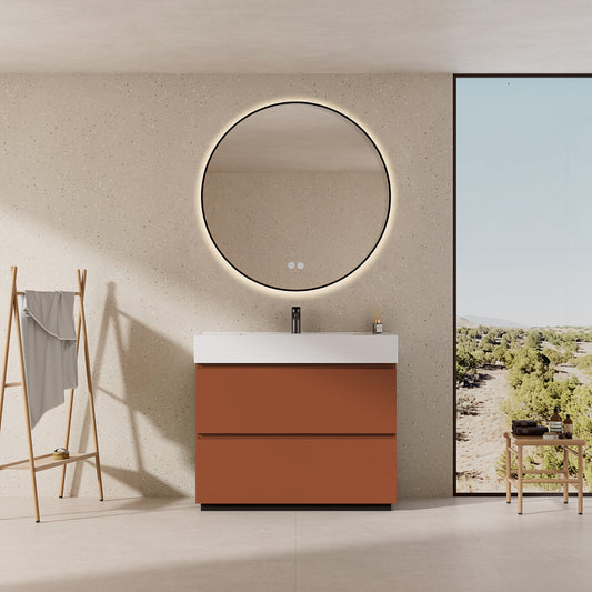 Mobile bagno a Terra 100 cm Cotto Contemporaneo Lavabo in Resina Specchio Tondo Retroilluminato Profilo Nero - Nube Paint