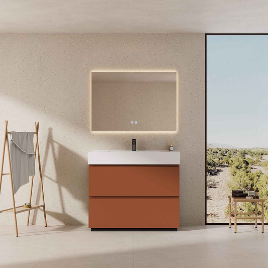 Mobile bagno a Terra 80 cm Cotto Contemporaneo Lavabo in Resina Specchio Quadro Retroilluminato - Nube Paint
