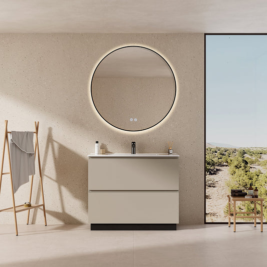 Mobile bagno a Terra 80 cm Grigio Cenere Lavabo in Ceramica Specchio Tondo Retroilluminato Profilo Nero - Nube Paint