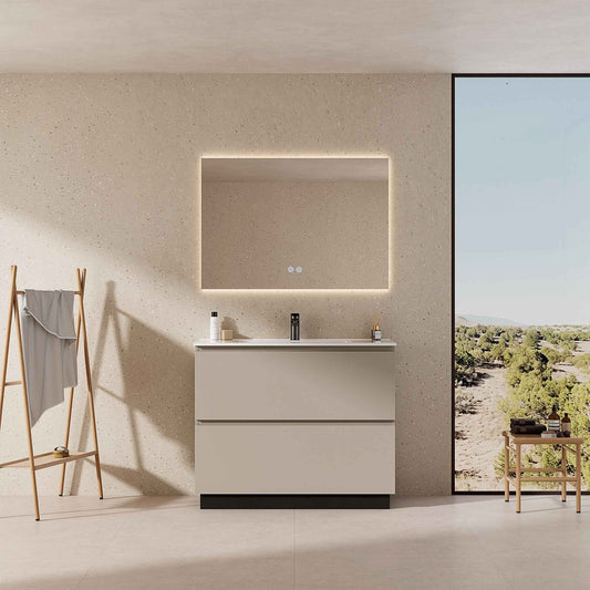 Mobile bagno a Terra 80 cm Grigio Cenere Lavabo in Ceramica Specchio Quadro Retroilluminato - Nube Paint