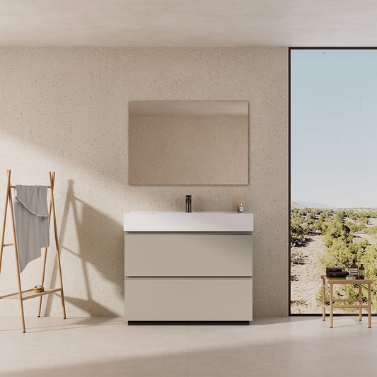 Mobile bagno a Terra 80 cm Grigio Cenere Lavabo in Resina Specchio Tondo Retroilluminato - Nube Paint