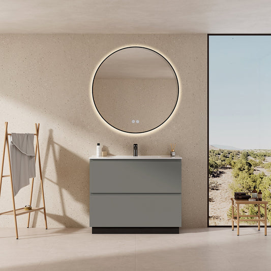 Mobile bagno a Terra 100 cm Grigio Londra Lavabo in Ceramica Specchio Tondo Retroilluminato Profilo Nero - Nube Paint