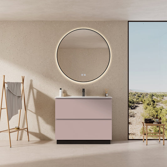 Mobile bagno a Terra 80 cm Rosa Retrò Lavabo in Ceramica Specchio Tondo Retroilluminato Profilo Nero - Nube Paint