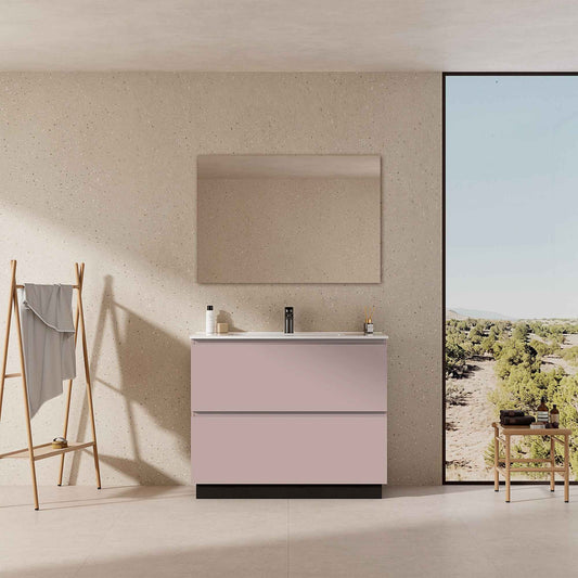 Mobile bagno a Terra 80 cm Rosa Retrò Lavabo in Ceramica Specchio Tondo Retroilluminato - Nube Paint
