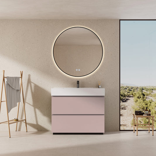 Mobile bagno a Terra 100 cm Rosa Retrò Lavabo in Resina Specchio Tondo Retroilluminato Profilo Nero - Nube Paint