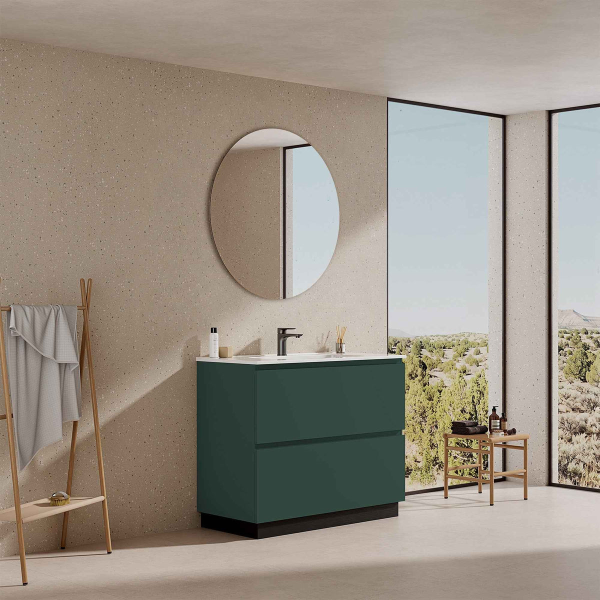Mobile bagno a Terra 80 cm Verde Comodoro Lavabo in Ceramica Specchio Tondo - Nube Paint