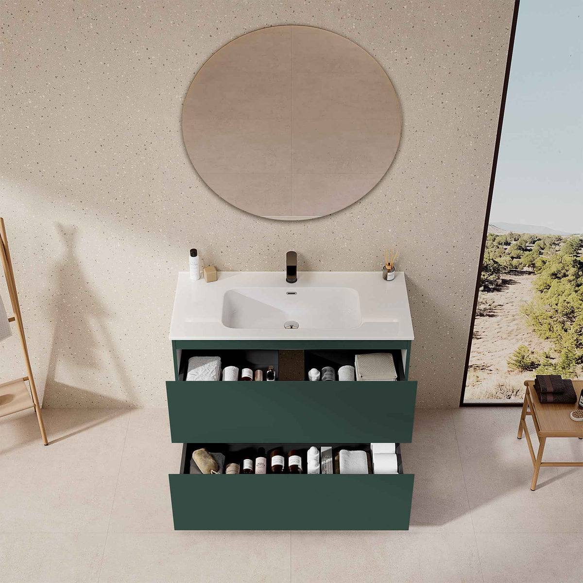 Mobile bagno a Terra 80 cm Verde Comodoro Lavabo in Ceramica Specchio Tondo - Nube Paint