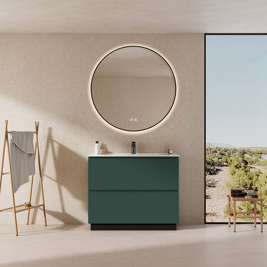 Mobile bagno a Terra 80 cm Verde Comodoro Lavabo in Ceramica Specchio Tondo Retroilluminato Profilo Nero - Nube Paint