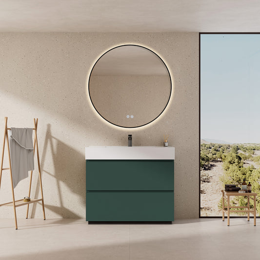 Mobile bagno a Terra 80 cm Verde Comodoro Lavabo in Resina Specchio Tondo Retroilluminato Profilo Nero - Nube Paint