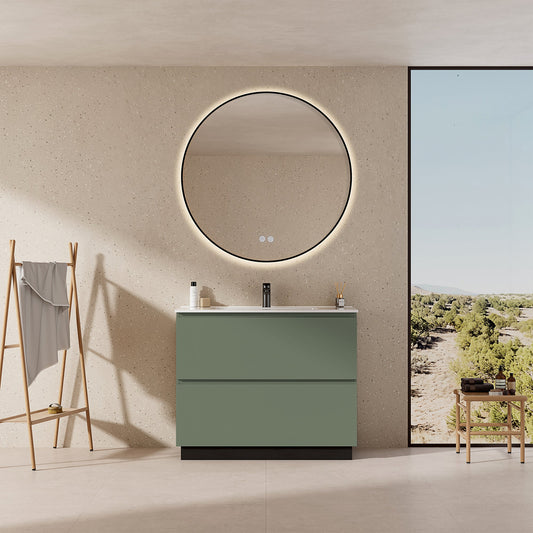 Mobile bagno a Terra 100 cm Verde Salvia Lavabo in Ceramica Specchio Tondo Retroilluminato Profilo Nero - Nube Paint