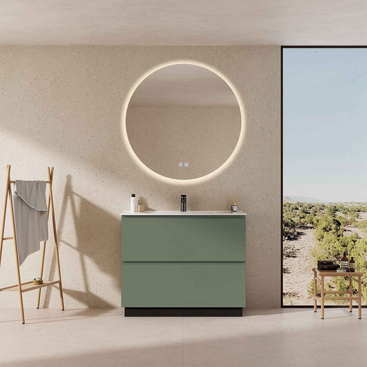 Mobile bagno a Terra 80 cm Verde Salvia Lavabo in Ceramica Specchio Quadro - Nube Paint
