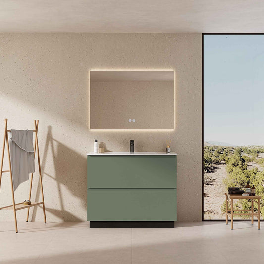 Mobile bagno a Terra 80 cm Verde Salvia Lavabo in Ceramica Specchio Quadro Retroilluminato - Nube Paint