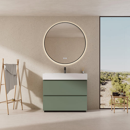 Mobile bagno a Terra 100 cm Verde Salvia Lavabo in Resina Specchio Tondo Retroilluminato Profilo Nero - Nube Paint