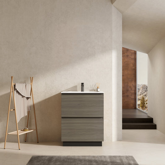 Mobile bagno a Terra 60 cm Beige Lavabo in Ceramica Senza Specchio - Nube Wood